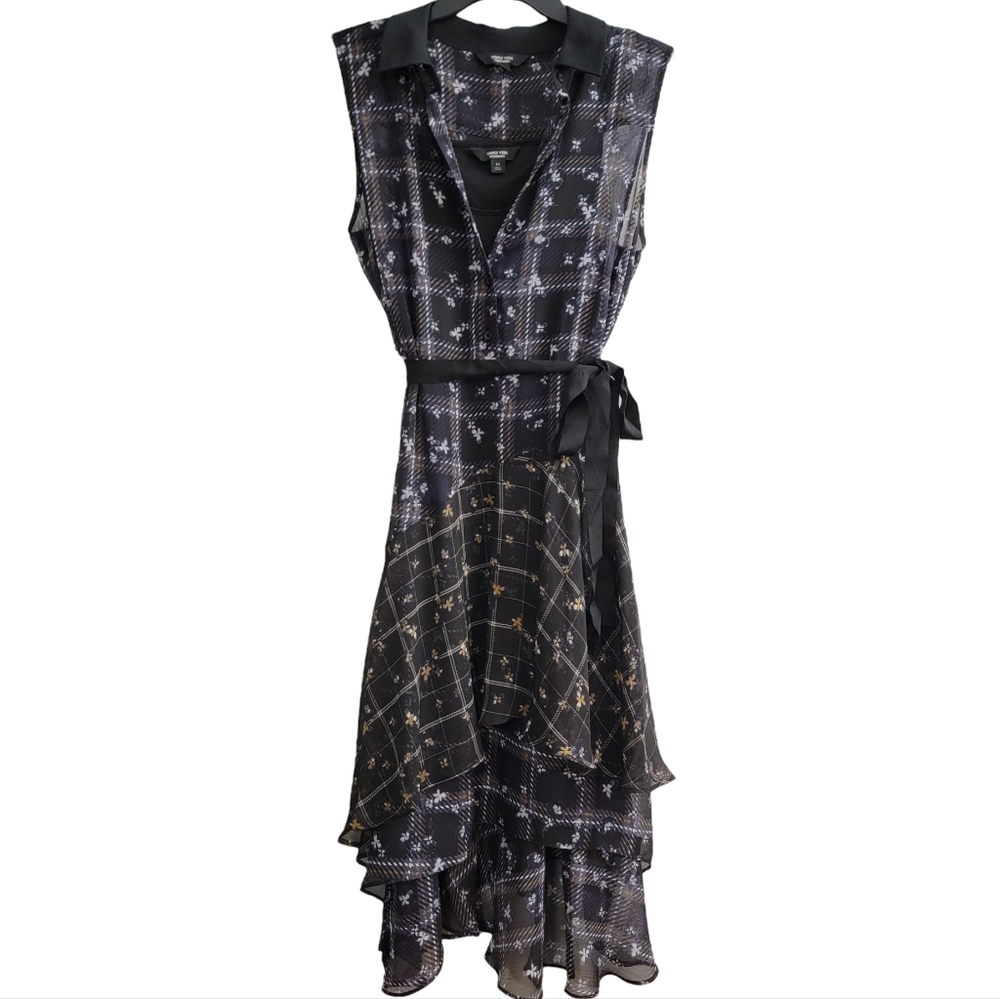 Navy Blue & Black Plaid Midi Ruffle High Low Butterfly Peter Pan Collar Size Med